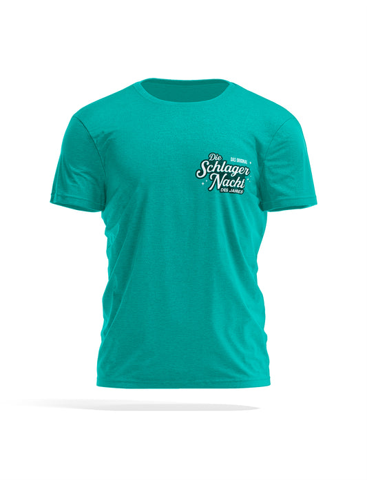 Unisex T-Shirt in Karibikblau, Logo vorne und hinten