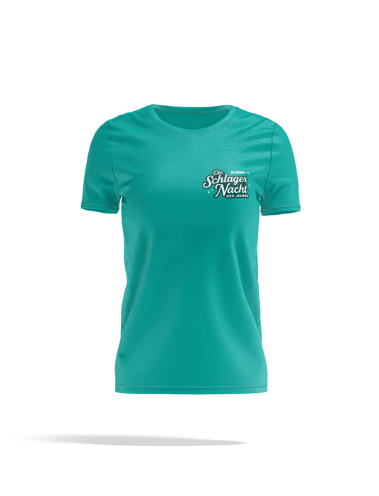 Damen T-Shirt in Karibikblau, Logo vorne und hinten