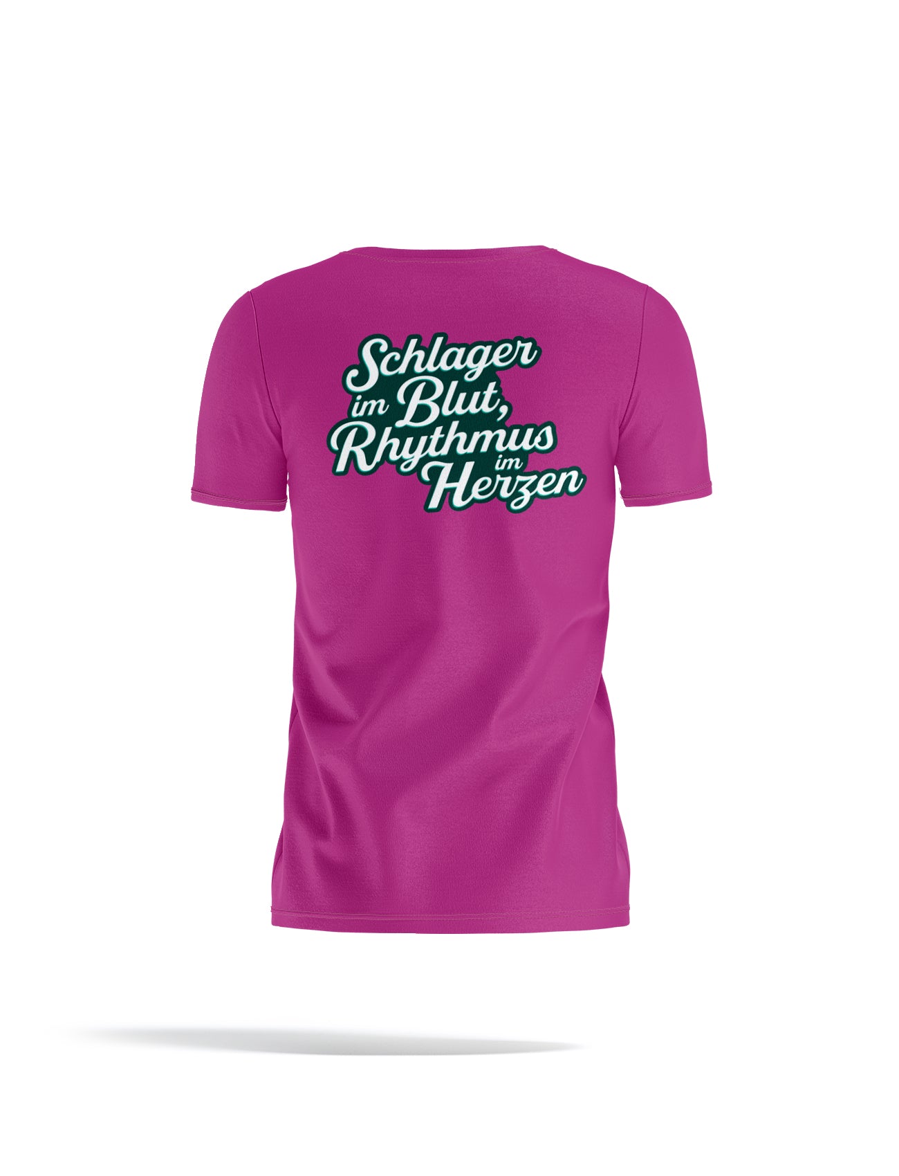 Damen T-Shirt in Pink, Logo vorne, Rückseite der Spruch "Schlager im Blut, Rhythmus im Herzen"