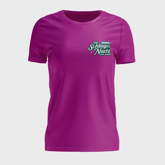 Damen T-Shirt in Pink, Logo vorne, Rückseite der Spruch "Schlager im Blut, Rhythmus im Herzen"